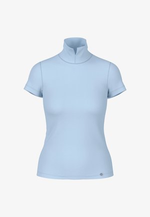 Kurzärmeliges, hellblaues Poloshirt mit hohem Kragen, glatter Textur und minimalistischem Design. Verfügt über ein dezentes Logodetail am Saum.
