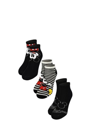 Three pairs of ankle socks featuring Mickey Mouse designs: black with face, black and white stripes with full character, and black with outlined ears.