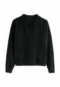 Tumehall pikkade varrukatega kootud sviiter, millel on soonikkoes ääred ja mansetid, volditud krae ning V-kujuline kaelus.