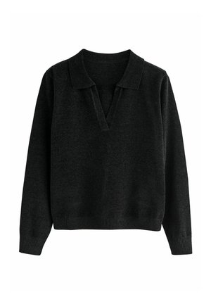 Sötét szürke, hosszú ujjú kötött pulóver bordás aljjal és mandzsettával, hajtott gallérral és V-alakú nyakkivágással.