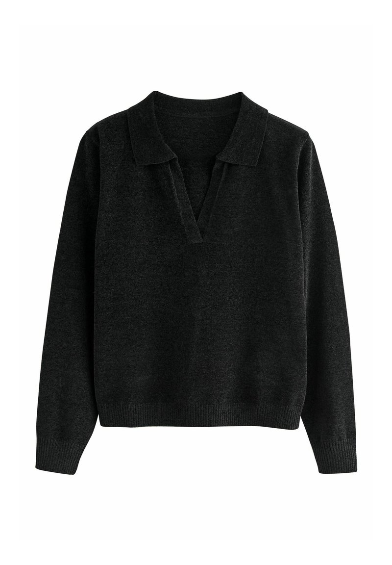 Tumehall pikkade varrukatega kootud sviiter, millel on soonikkoes ääred ja mansetid, volditud krae ning V-kujuline kaelus.