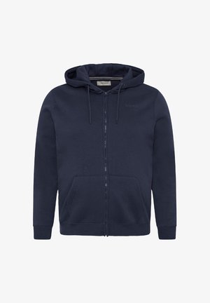 Granatowa bluza z kapturem zapinana na zamek, wykonana z miękkiego materiału, z regulowanym sznurkiem w kapturze, przednimi kieszeniami oraz subtelnym logo na lewej stronie klatki piersiowej.