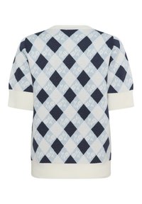 Kortärmad stickad topp med blå, marinblå och vita argyle-mönster samt blommiga detaljer, med ribbade vita muddar och nederkant.