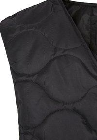 Tissu noir matelassé avec motif de couture ondulée, montrant un gros plan du détail de texture superposée et rembourrée.