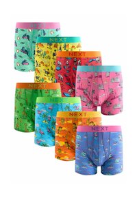 Huit paires de boxers pour hommes de différentes couleurs et motifs ludiques, avec des ceintures élastiques arborant le logo "NEXT".