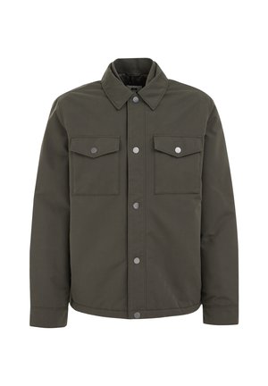 Olive green jacket made of durable fabric, featuring a collar, two chest pockets, and metallic snap buttons along the front.