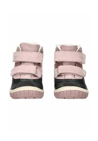 Un par de zapatos de caña alta rosas y negros con correas de Velcro y una suela de goma, que cuentan con un forro interior suave y una superficie texturizada.