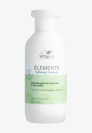 Butelka szamponu Wella Professionals Elements Calming, 250 ml, łagodna formuła dla delikatnej lub suchej skóry głowy, z ekstraktem z białej herbaty, bez siarczanów i silikonów.