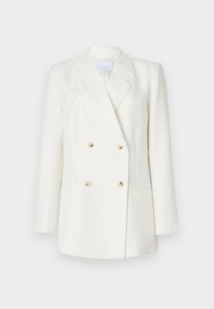 Weißes, doppelt geknöpftes Blazer mit Spitzenrevers, ausgestattet mit vier beigen Knöpfen, zwei Fronttaschen und einem klaren, taillierten Schnitt.