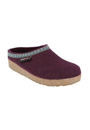 Purple felt clog with a textured cork sole, featuring a patterned band around the collar and a logo tag on the side.