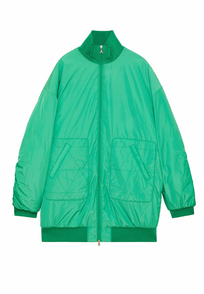 Zielona pikowana nylonowa kurtka bomberska z wysokim kołnierzem, zamkiem błyskawicznym z przodu i dwoma kieszeniami naszytymi. Rękawy i dół ze ściągaczem, gładka faktura.