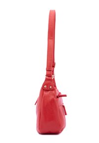 Borsa a tracolla rossa in pelle con superficie texturizzata, lunghezza unica della tracolla e due tasche esterne con zip. Presenta accessori in tonalità dorata.