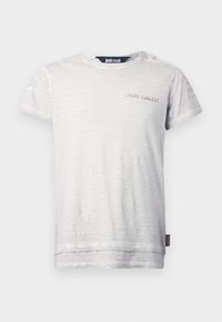 T-shirt cinza de mangas curtas, feito de um tecido leve, apresentando um logo subtil "JUST CAVALLI" na parte da frente. Corte simples e clássico com decote redondo.