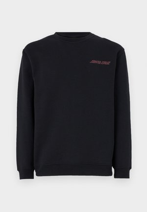 Black crewneck sweatshirt made of cotton fabric, featuring a small red "SANTA CRUZ" logo on the upper left chest, ribbed cuffs and hem.