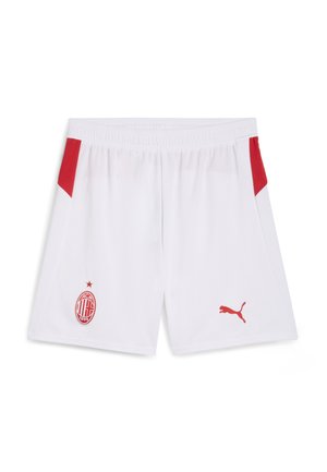 Hvide træningsshorts med røde detaljer på siderne, med et rødt broderet logo og en stjerne ovenover. Fremstillet af letvægtsmateriale.