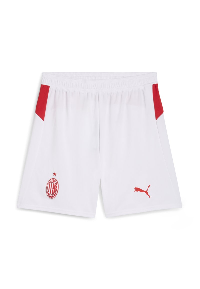 Bermudas deportivas blancas con acentos rojos en los lados, con un logo rojo bordado y una estrella encima. Hechas de un material ligero.