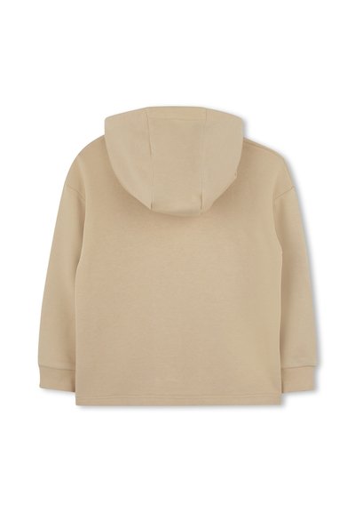 Sweatshirt à capuche beige en tissu doux et texturé. Doté d'une capuche arrondie et de poignets côtelés, conçu dans une coupe décontractée.