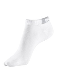 White ankle sock made of soft, breathable fabric with ribbed cuff and gray logo detailing at the heel. Smooth texture throughout.
