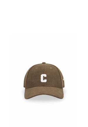 Casquette de baseball en velours côtelé marron avec la lettre C blanche brodée sur le devant, présentée sur fond blanc.
