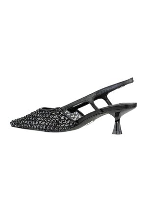 Talons aiguilles noires à bride arrière avec un bout pointu, présentant un dessus texturé orné de motifs circulaires et un talon fin et effilé.