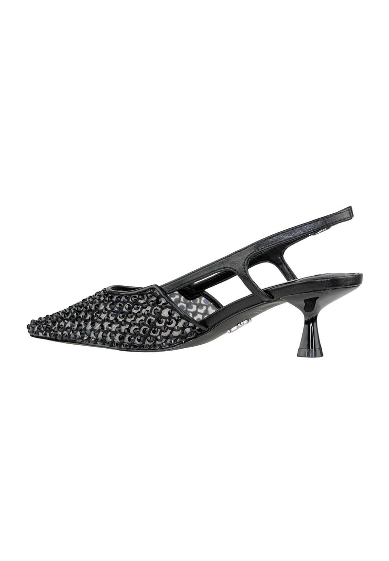 Talons aiguilles noires à bride arrière avec un bout pointu, présentant un dessus texturé orné de motifs circulaires et un talon fin et effilé.