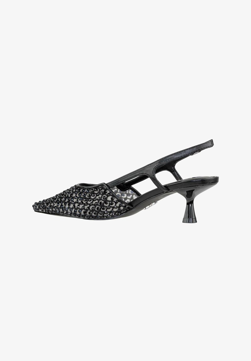 Slingback nera con tacco a punta, caratterizzata da una tomaia texturizzata decorata con motivi circolari e un tacco sottile e affusolato.