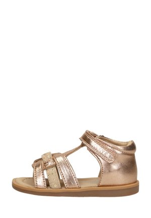 Child's metallic rose gold open-toe sandal with multiple straps and a Velcro ankle closure, flat rubber sole.