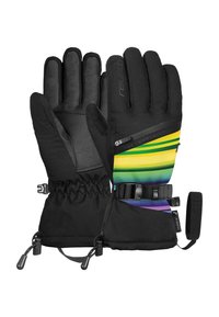 Black winter gloves with palm grip, adjustable wrist strap, zipper pocket, and a multicolor gradient stripe on the back of one glove.