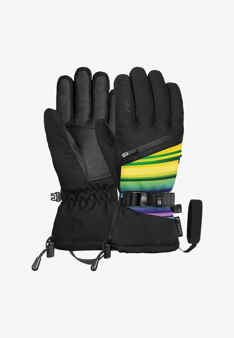 Black winter gloves with palm grip, adjustable wrist strap, zipper pocket, and a multicolor gradient stripe on the back of one glove.
