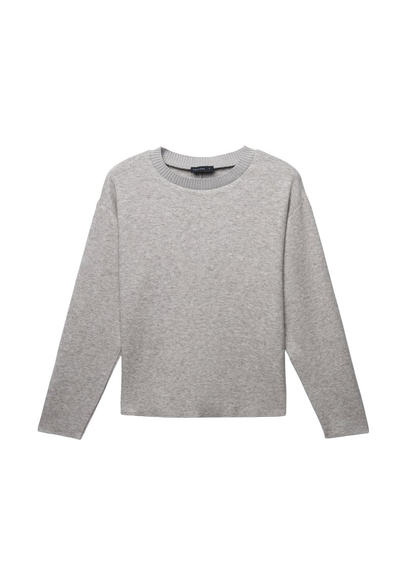 Grauer Langarmpullover aus weichem Strickmaterial. Verfügt über einen runden Halsausschnitt und eine bequeme Passform, mit gerippten Akzenten am Kragen.
