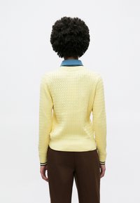 Pull jaune tricoté avec motif texturé, col bleu et bordure noire, porté avec un pantalon marron. Vue de dos.