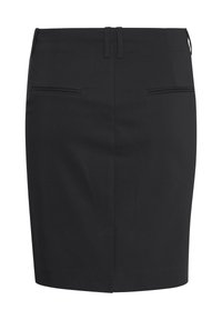 Jupe crayon noire, tissu lisse, design ajusté, longueur mi-cuisse, avec deux poches arrière et un détail de couture subtil.