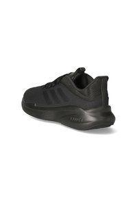 Black athletic shoe with textured mesh upper, three black stripes on the side, and a padded heel counter; features a cushioned sole.