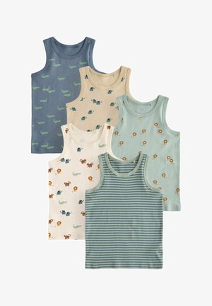Cinco camisetas sin mangas para niños con estampados de animales y rayas en tonos azul, beige, crema y verde.