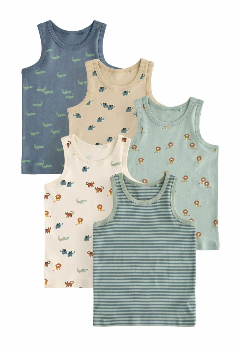 Cinque top in cotone senza maniche di colore blu, beige, verde chiaro e a righe verdi con stampe di animali e accenti grafici.