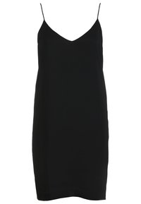 Robe noire sans manches en matière fluide avec fines bretelles spaghetti et encolure en V, longueur genou, design simple et épuré.