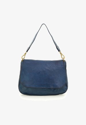 Borsa a spalla in pelle blu con una finitura liscia, presenta una pattina curva, hardware dorato e una singola tracolla regolabile.