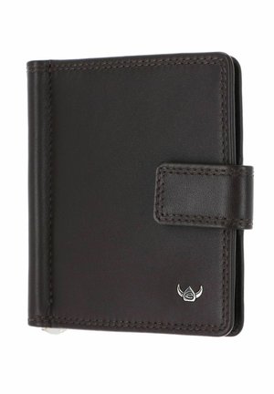 Dark brown leather wallet with stitched edges, a snap closure tab, and a small silver logo emblem on the front corner.