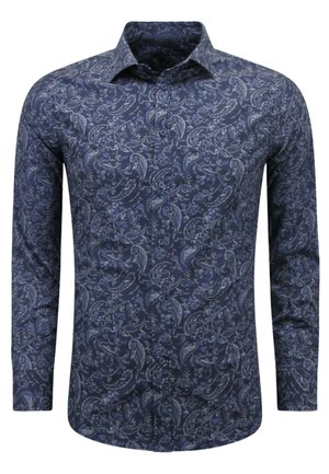 Lange mouw shirt in marineblauw met een paisleypatroon in lichtblauw. Knopen ontwerp met een puntige kraag. Glad stoftextuur.