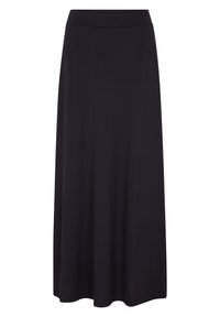 Svart, lång, flytande kjol med en slät yta och elastisk midja. Enkel design utan synliga mönster eller detaljer.