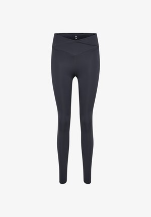 Hochtaillierte schwarze Leggings aus dehnbarem Material, mit einem überkreuzten Taillenbund und glatter Textur. Keine sichtbaren Muster oder Akzente.