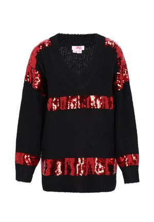 Sort trøje med V-hals og lange ærmer, dekoreret med horisontale røde pailletstriber. Blød tekstur med en afslappet pasform.