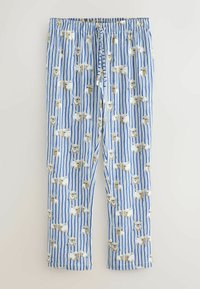 Blau-weiß gestreifte Hose mit weicher Textur, versehen mit einem wiederholenden Muster aus illustrierten Schafen. Elastischer Bund mit Kordelzug.