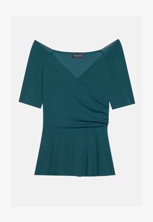 Top teal senza spalline con maniche corte, caratterizzato da un design avvolgente e orlo svasato, realizzato in un tessuto morbido ed elastico.