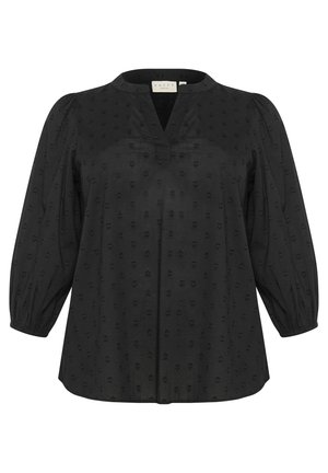 Blusa nera con una vestibilità aderente, caratterizzata da un leggero motivo a cuori, una scollatura a V profonda e maniche a sbuffo elastiche per un tocco di dettaglio.