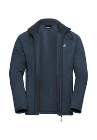 Giacca a zip blu navy con maniche lunghe, realizzata in un tessuto morbido e testurizzato. Presenta dettagli neri e un logo sul petto.