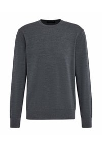 Maglione grigio a girocollo realizzato in tessuto morbido. Presenta maniche lunghe e polsini e orlo a costine per una vestibilità aderente. Texture liscia con dettagli minimi.