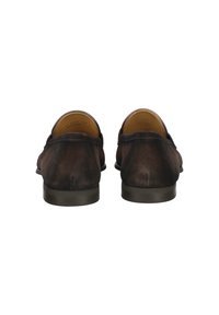 Dark brown suede loafers with a smooth texture, rounded toe, and low heel; minimal stitching details and no visible hardware.