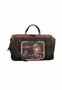 Borsa a tracolla nera e marrone con un design a finestra grafica che presenta un'immagine illustrata di una ragazza, la Torre Eiffel e del testo. Include manici e una tracolla regolabile.