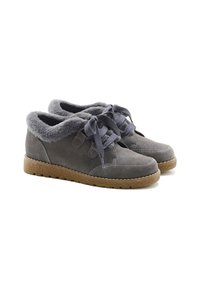 Par de zapatos de invierno de ante gris con forro de piel y cordones, con suelas de goma marrón, exhibidos sobre un fondo blanco.